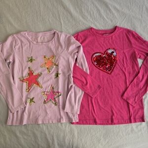 Crewcuts 2 Girls Pink Sequin Long Sleeve Heart & Stars Graphic Tshirts M 8-9